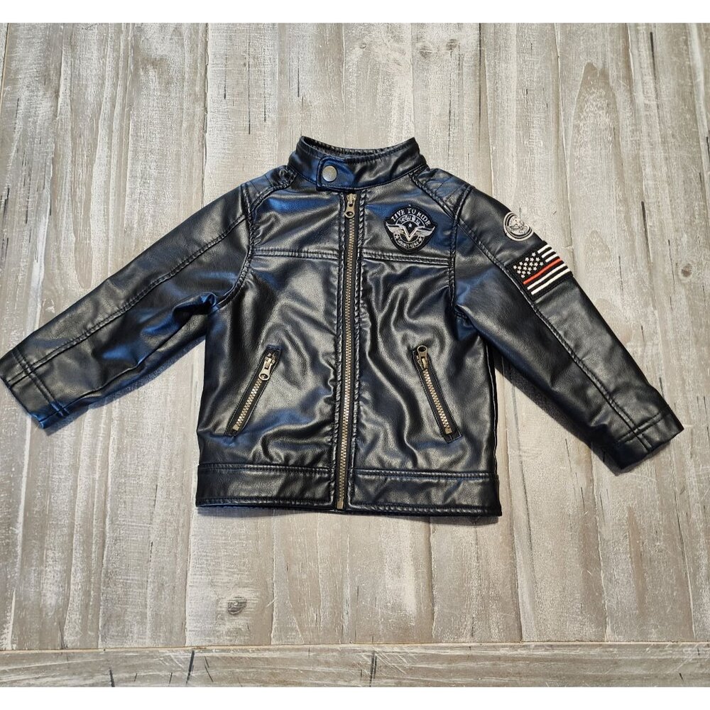 Sequoia Faux Leather Moto Biker Jacket Boys 4T Black Lined Patches Zip Pockets‎